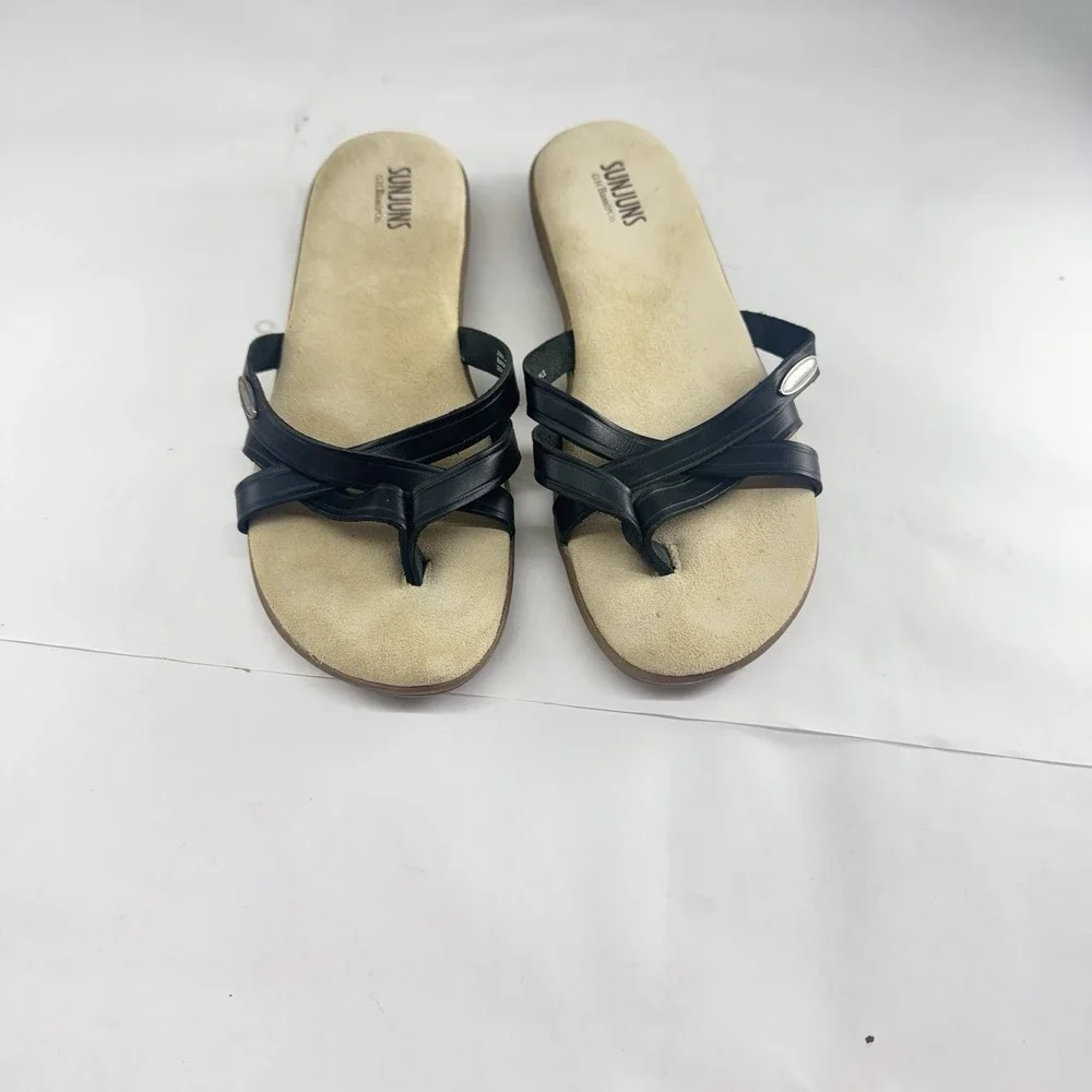 Bass Sunjuns Womens Black Leather Slip On Thong Sandals 9M